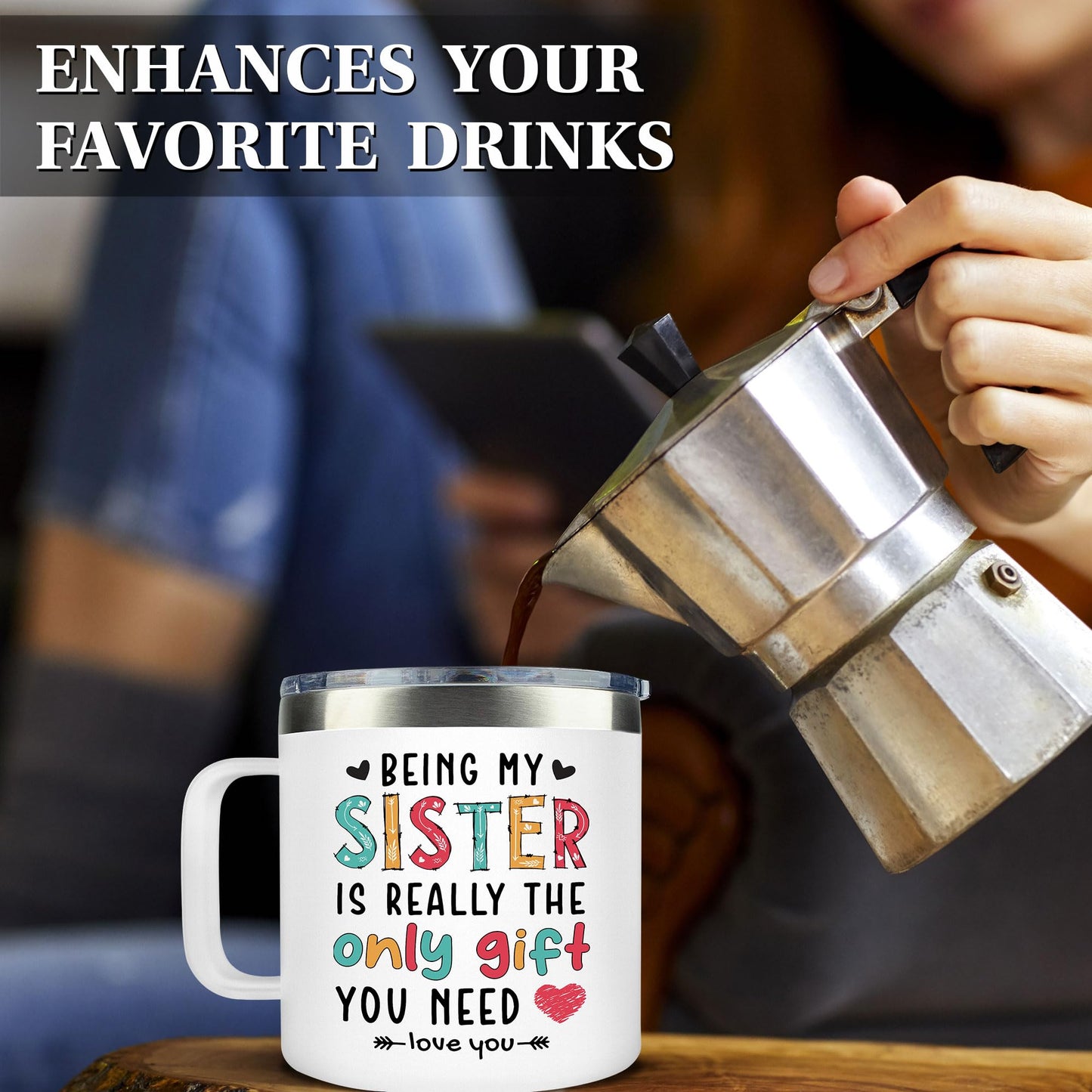 LIZAVY Gifts for Sister Birthday - Mothers Day Gifts for Sisters - Sister Birthday Gift Ideas, Cool birthday gifts for sisters - Best sister Mug, 14 OZ Stainless Steel sisters Coffee Mug