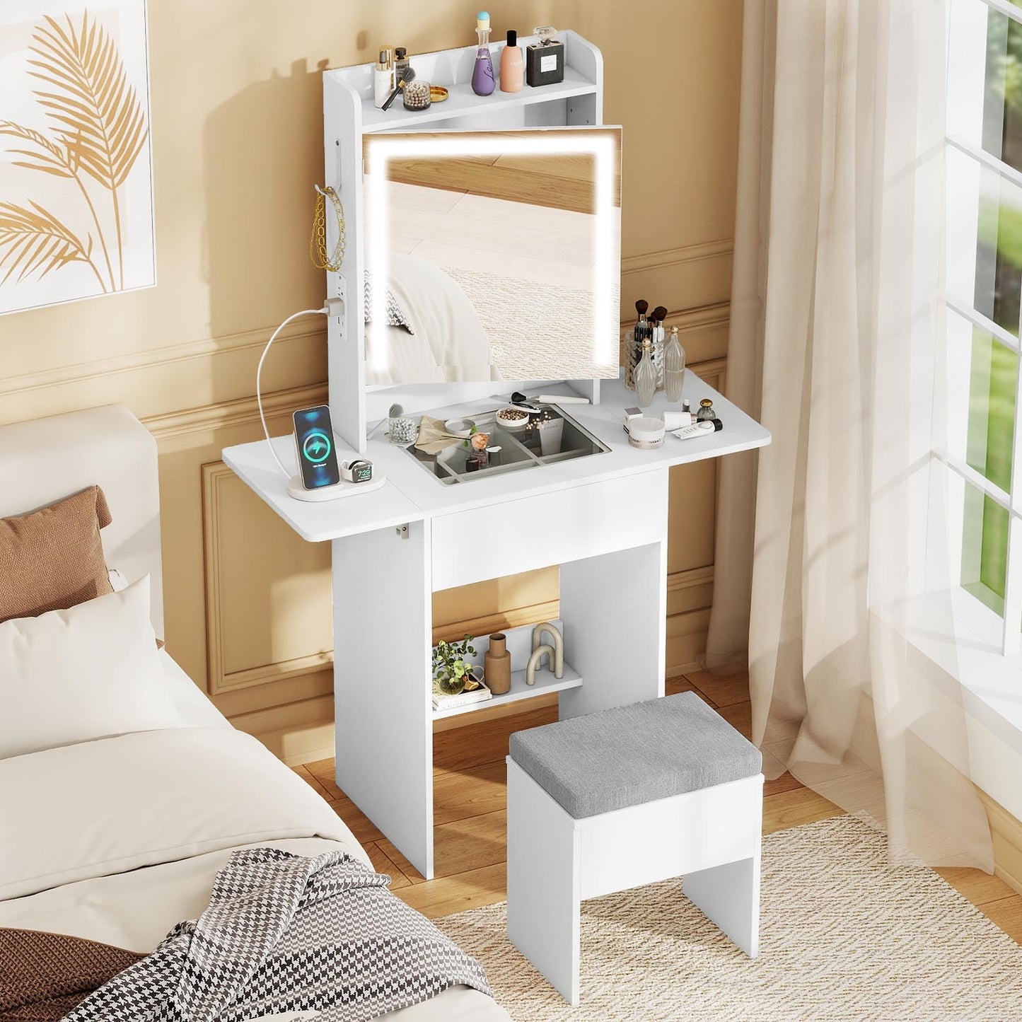 CHARMAID 20'' Girls Vanity Desk with Lighted Mirror & Charging Station, Glass Top Makeup Table with Fold-Up Side Panels, Mirrored Cabinet, Drawer & Storage Stool for Bedroom Small Place (White)