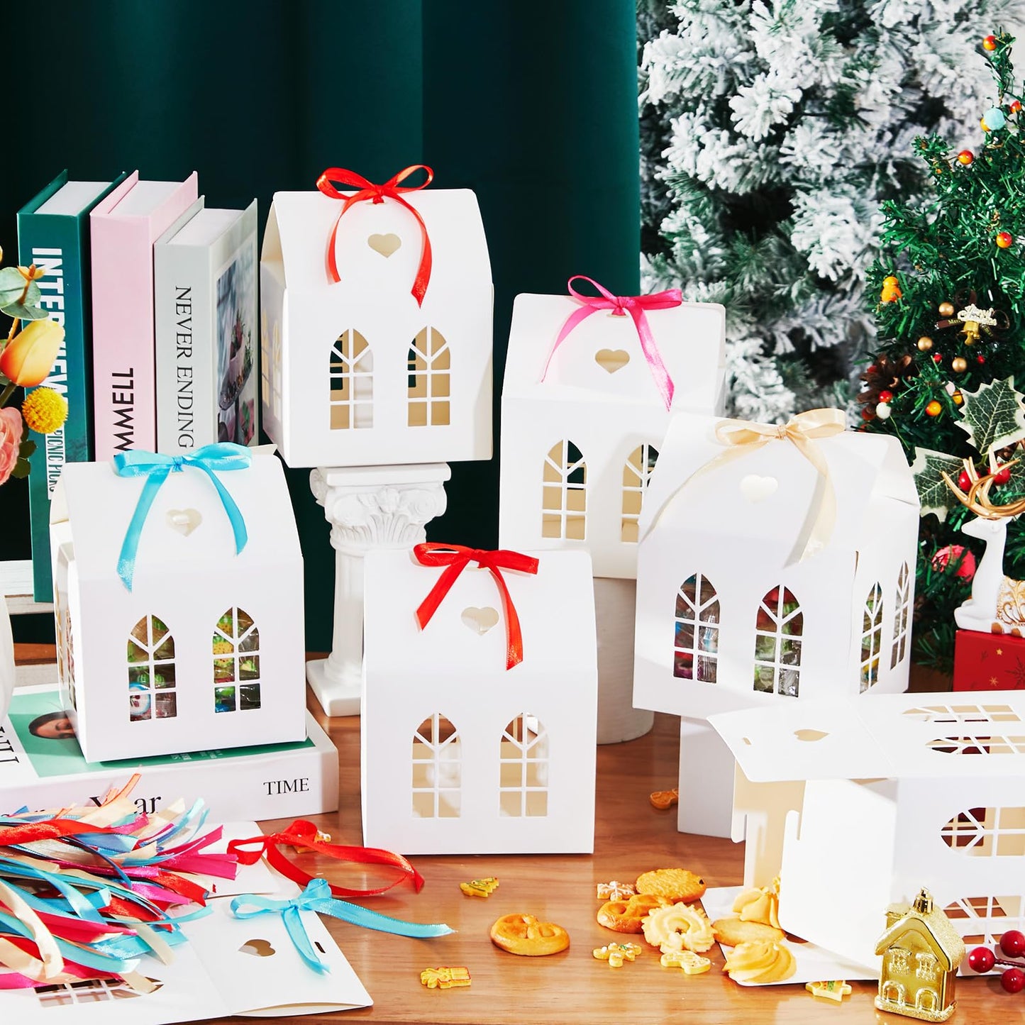 Engrowtic 25 Sets Medium House Shaped Gift Boxes with Ribbons House Shaped Paper Bakery Packaging Candy Box for Treats Real Estate Agent Gift Christmas Gingerbread Wedding Birthday Bridal Shower