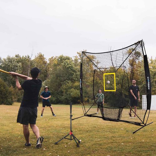 Storgem Baseball and Softball Practice Net 7×7ft Portable Hitting Pitching Batting Training Net Baseball Backstop Net with Batting Tee,Ball Caddy,Strike Zone and Bow Frame (Black)
