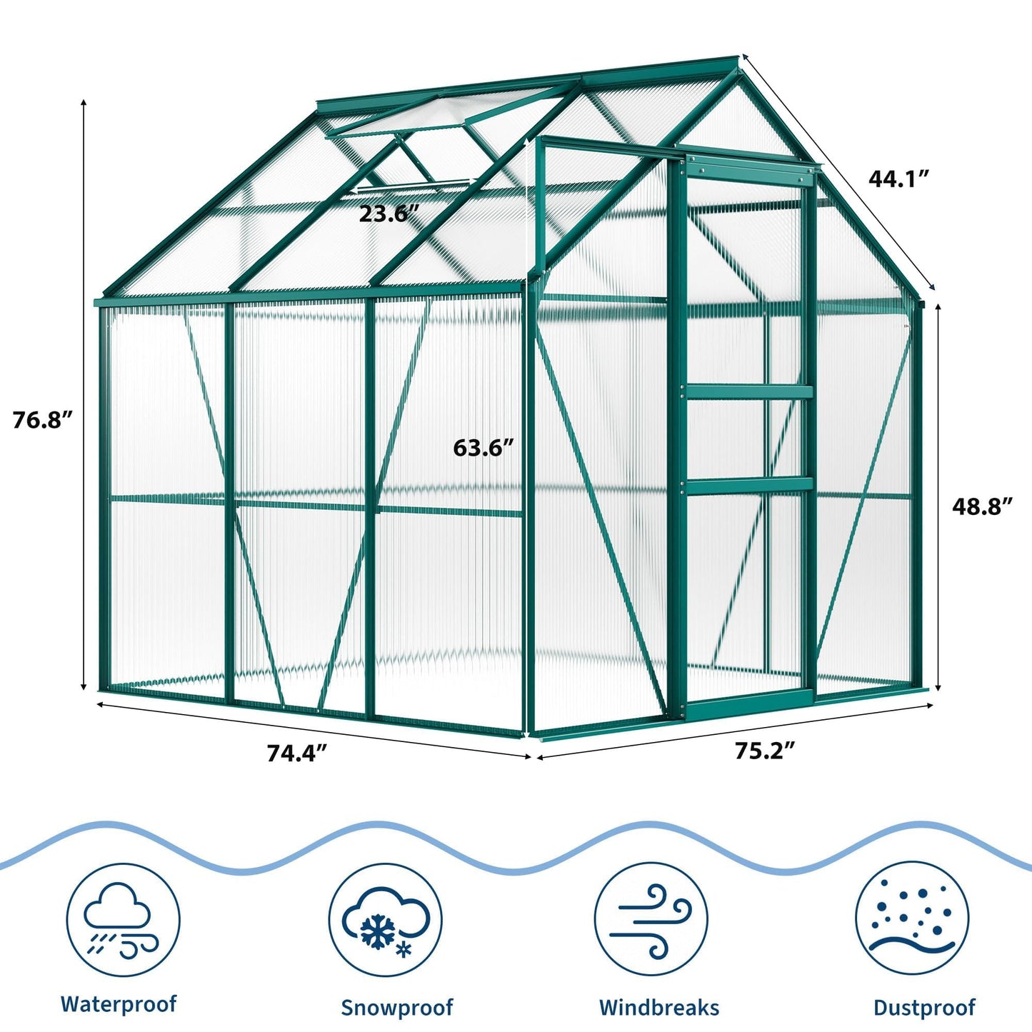 GAOMON Greenhouses, Large Walk in Greenhouses for Outdoors and Garden Planting, Polycarbonate Greenhouse with Enhanced Aluminum Frame, Sliding Door＆Adjustable Roof Vent for Winter Use (Green, 6*6FT)