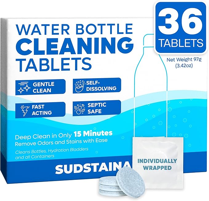 Sudstainables Water Bottle Cleaning Tablets – 36-Pack | Chlorine-Free & Odor-Control Formula | Water Bottle Cleaner, Flask...