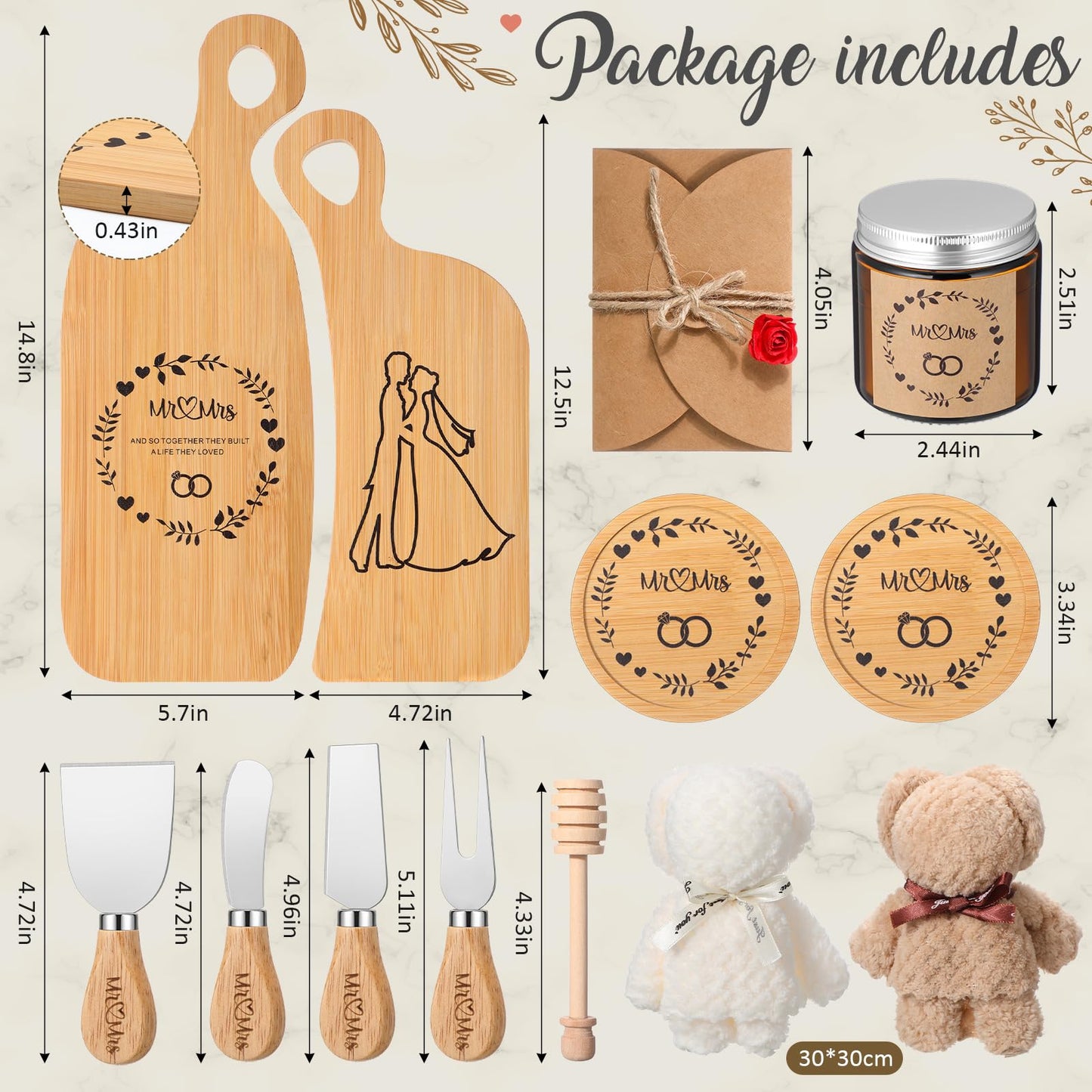 Ziliny Wedding Gifts for Couples 2025 Cutting Board Set 15 Pcs Mr and Mrs Bridal Shower Wedding Gifts Include Cutting Board Coaster Scented Candle Cheese Tableware for Engagement
