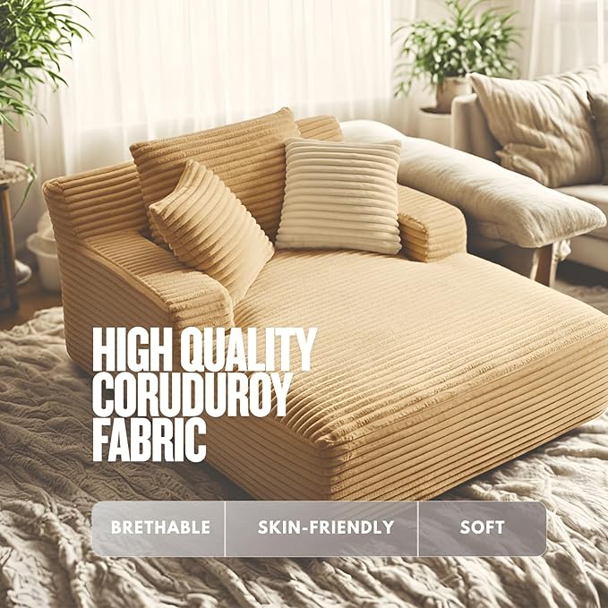 Alpen 66" Oversized Chaise Lounge, Boneless Couch Indoor, Corduroy Couch Boneless Sofa Chair for Reading with Wide Armrest and 3 Throw Pillows, No Assembly Required, Off-White