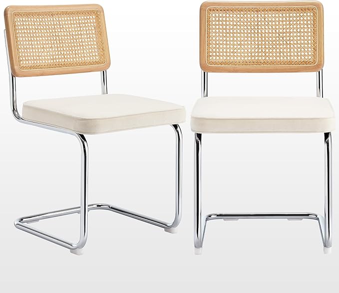 Zesthouse Natural Rattan Dining Chairs Set of 2, Mid Century Modern Dining Chairs with Solid Wood Back & Chrome Base, for Kitchen Living Room, Breuer Design Inspired, Upholstered Linen Fabric, White