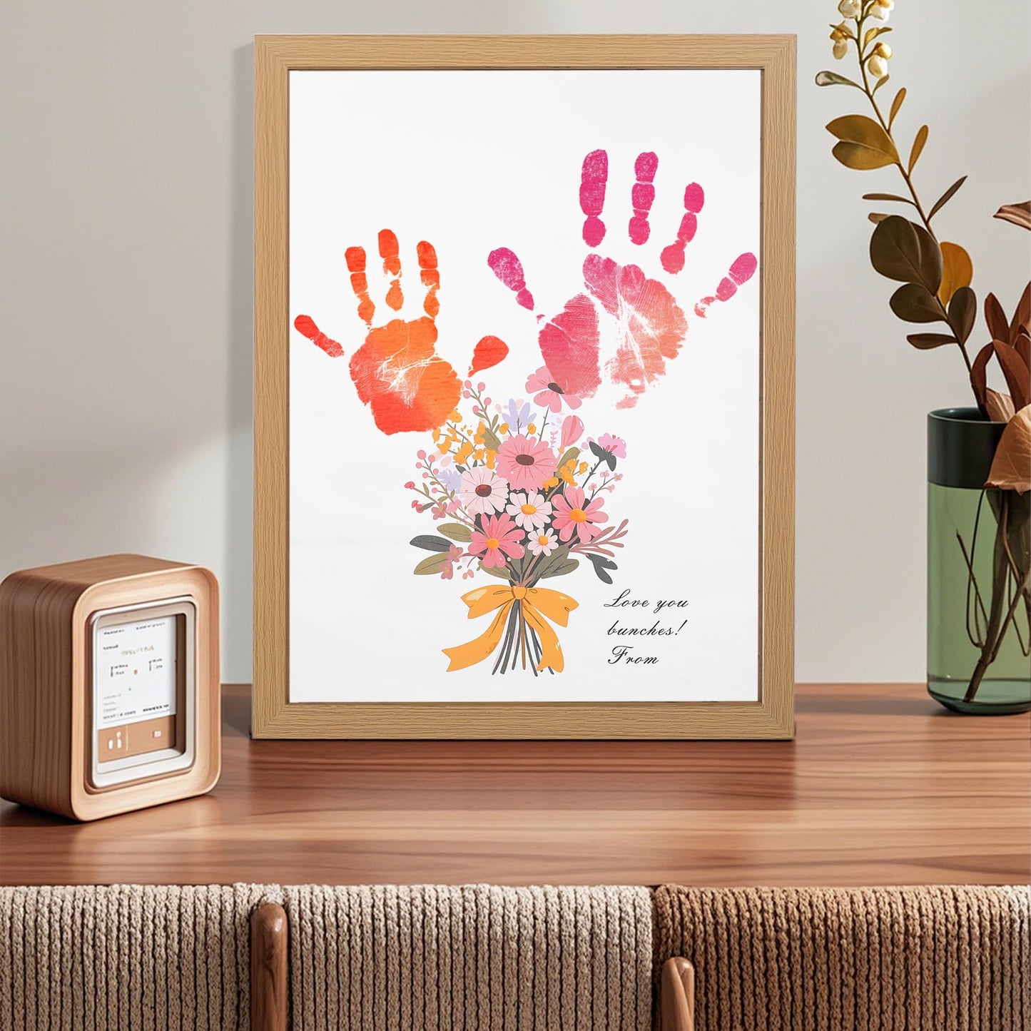 Bixinyo Flower Bouquet Handprint Kit, Mother's Day Gifts for Grandma, Mom, Grandparents from Daughter/Kids, Unique Gifts for Birthday Christmas, DIY Art Craft 12" X 16" Frame (Bow, Brown)