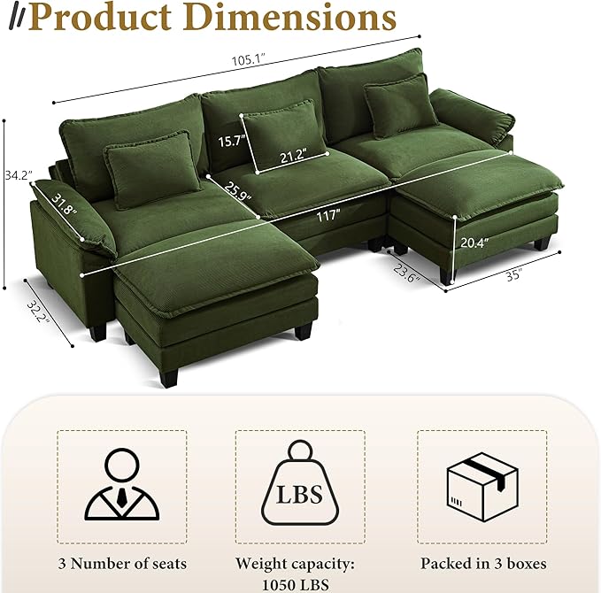 URRED Cloud Couch Modular Sectional Sofa, 122" Modern U Shaped Deep Seat Sofa with 2 Ottomans & Pillows, Ultra Comfy Corduroy Couches for Living Room, Bedroom or Apartment, Green