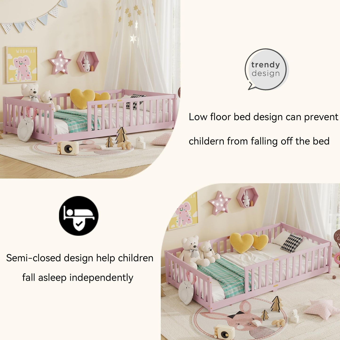 Duxelifin Twin Toddler Floor Bed, Wooden Montessori Bed Frame for Kids, Twin Size Bed Frame with Rails for Kids, Boys and Girls, No Box Spring Needed, Pink