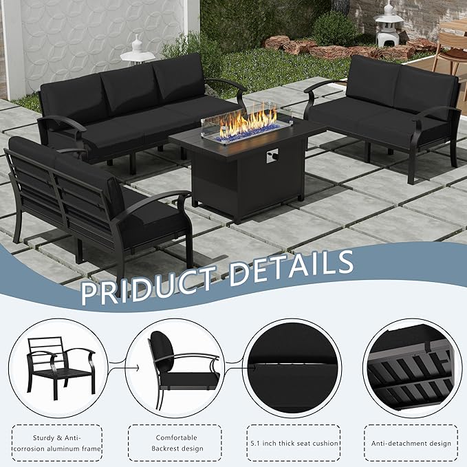 RTDTD Aluminum Outdoor Patio Furniture Set,4 Pieces 7 Seats Patio Conversation Sets with 45" Propane Fire Pit Table,Metal Patio Sectional Furniture Set w/5.1" Cushions for Porch,Deck,Backyard,Black