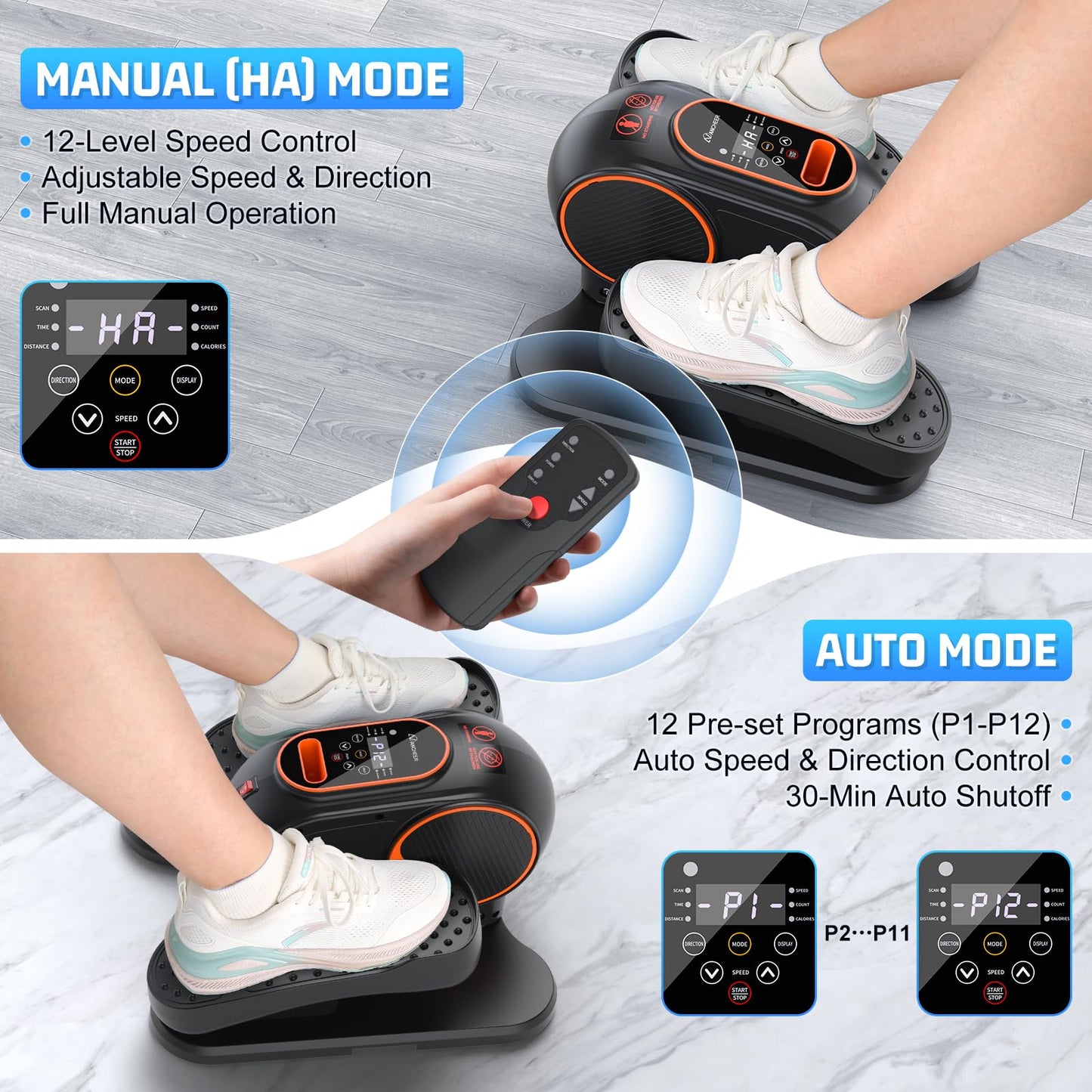 ANCHEER Under Desk Elliptical, 24-in-1 (12 Auto & 12 Manual) Elliptical Machine with Wireless Remote&Dual-Direction, Quiet Compact Leg Exerciser for Home Office (Orange)