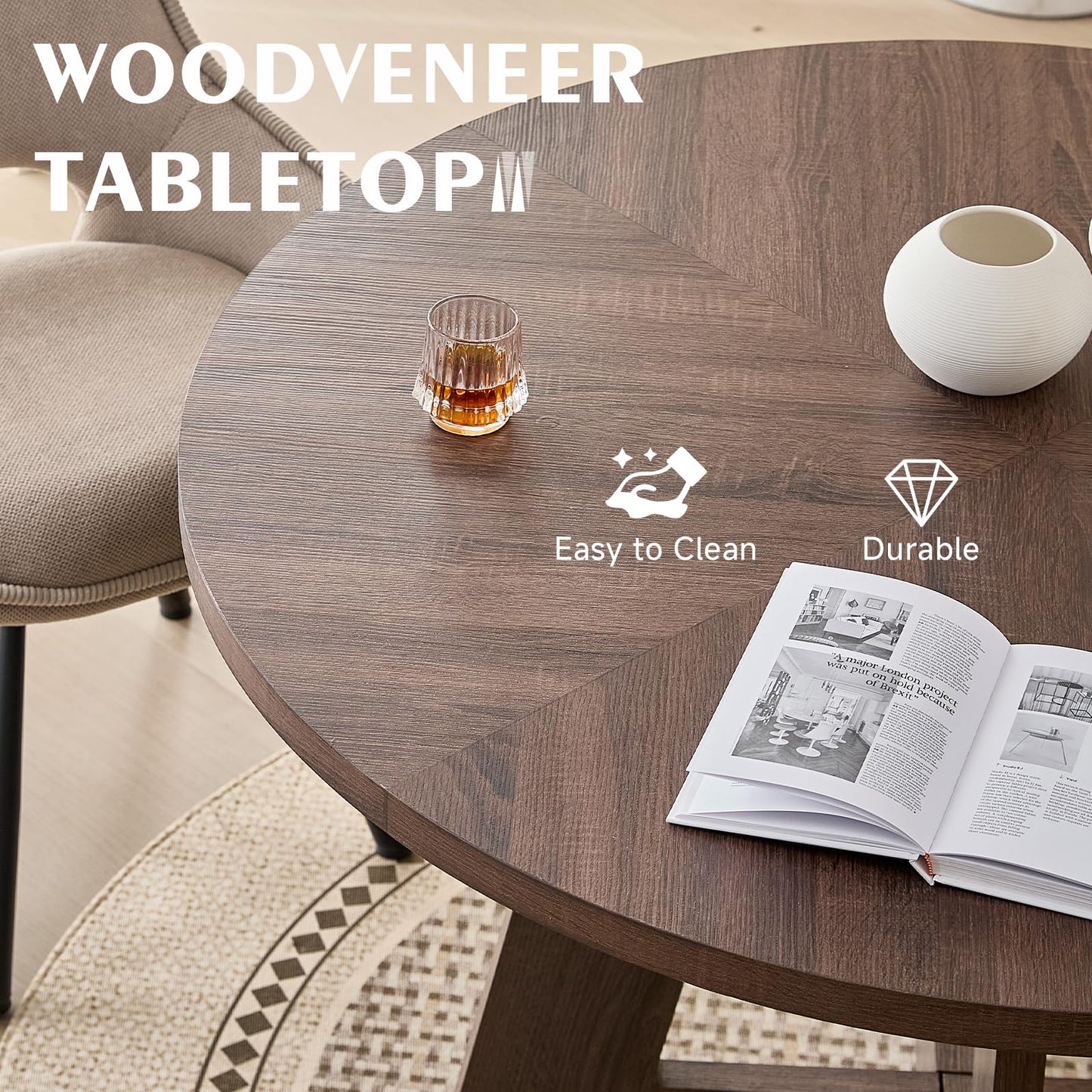 Lecafur HL 47" Round Dining Room Table Set for 4, [Fanned Base] [1.38" Thick Top] Wood Kitchen Table with 4 Swivel Dining Chairs