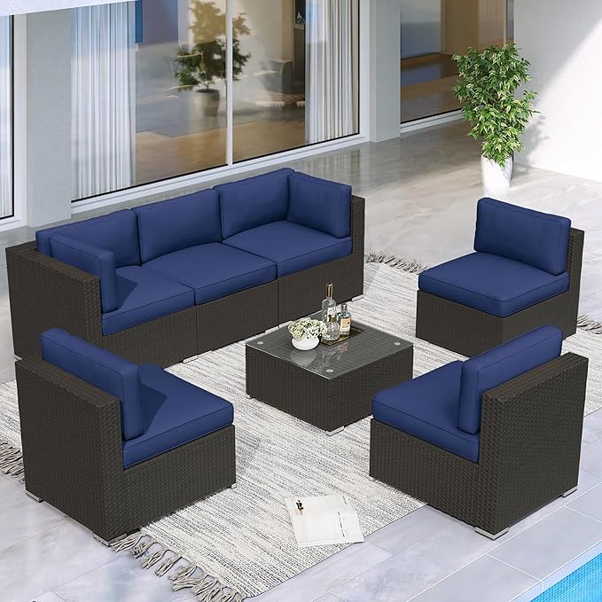 Crownland 7 Pieces Outdoor Patio Furniture Sets, All-Weather Black Wicker Rattan Sectional Sofa, Glass Coffee Table and Washable Seat Cushion with Zipper(Dark Blue)