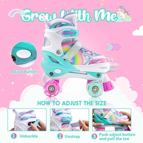 SULIFEEL Rainbow Unicorn Roller Skates for Youth Size Large and Adjustable Protective Gear Set Shiny Medium