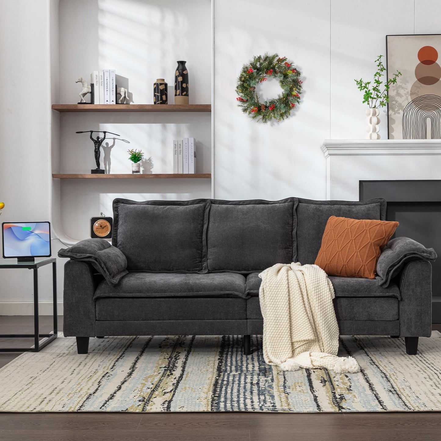 TYBOATLE 85" W Sofa Couches for Living Room, Mid-Century Modern Comfy Loveseat w/2 USB Charger & Wide Arms, 3 Seater Cloud Small Couch Sofas for Small Space Apartment Bedroom Office
