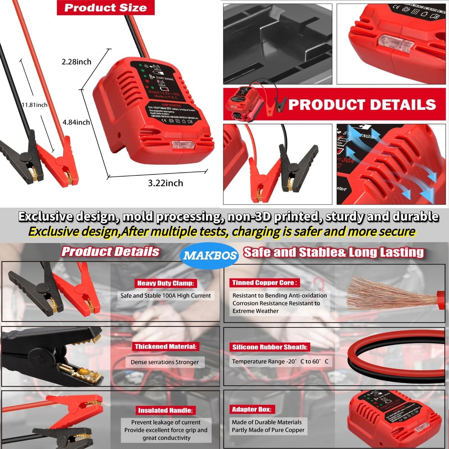 Car Jump Starter Adapter For Craftsman 20V Battery,Up To 3.5L Gas Or 6.5L Diesel Engines,12V Portable Car Jump Starter Battery,A