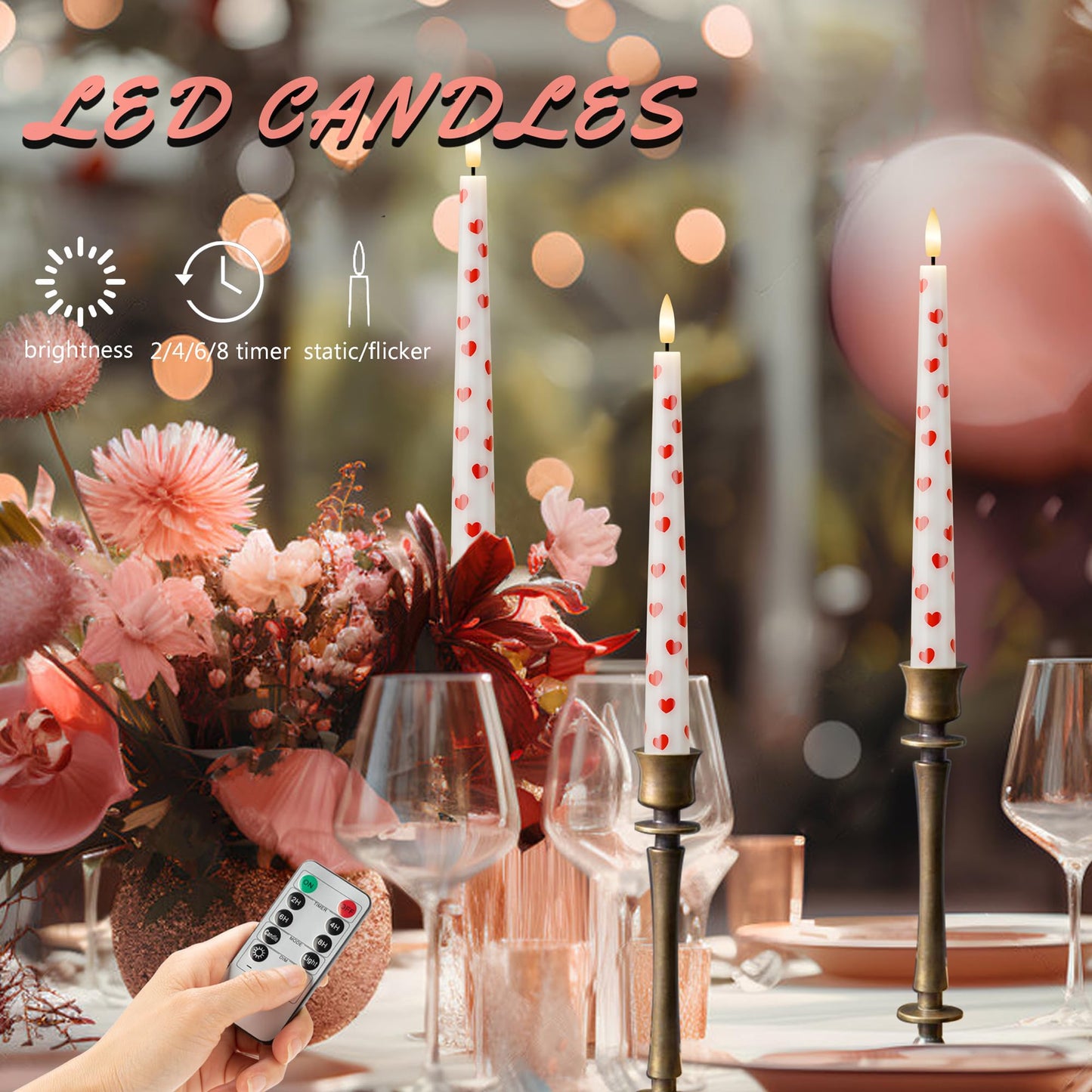 AFINETH Valentine Day Flameless Taper Candles with Heart, 9.6" Real Wax LED Candles with Remote, 3 Pack Flickering Battery Operated Candlesticks for Proposal Wedding Anniversary Romantic Night