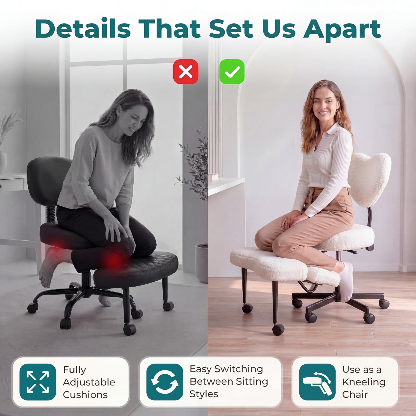 Ergonomic Cross Legged Office Chair with Foot Rest for Kneeling Seating - Crisscross Desk Chair with Wheels for ADHD to Sit Cross Legged - Multi-Position Adjustable Seat with Back Support for Women