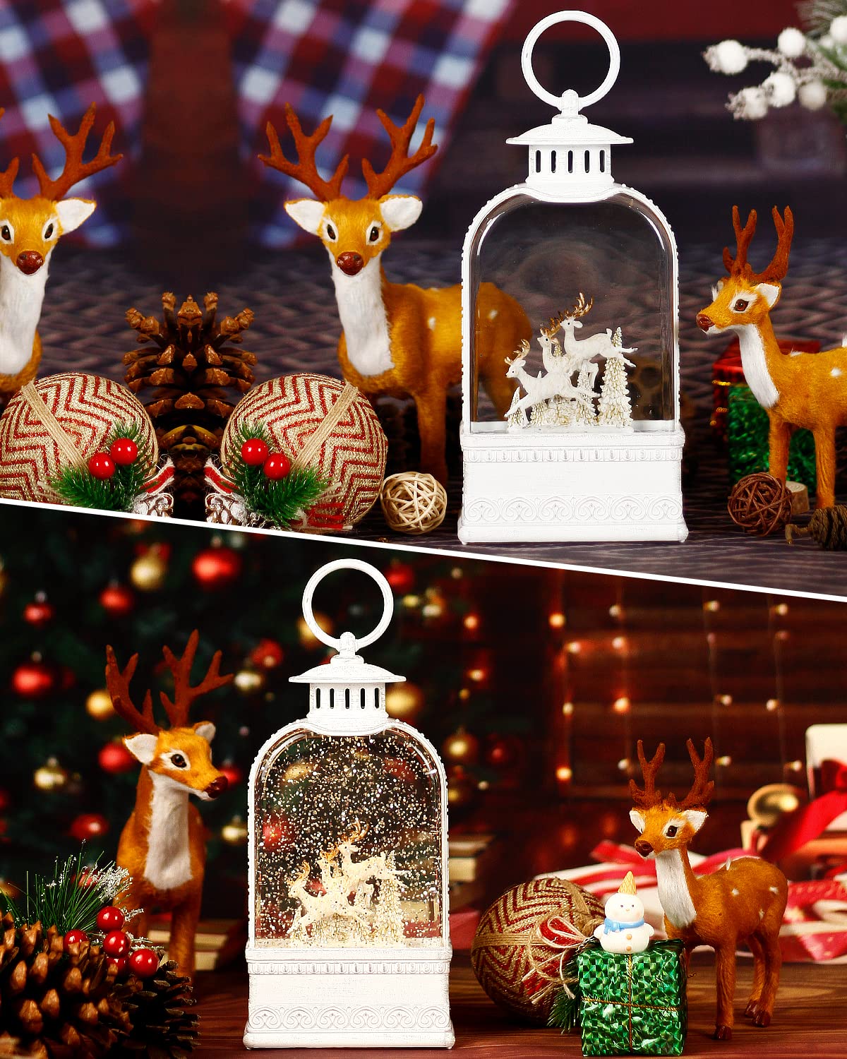 Reindeer Christmas Snow Globes Musical Lightde with 6H Timer Sparkly Swirling Snow Globe Lantern, Christmas Decor Winter Reindeer Gift, Battery or USB Powered White for Christmas Decoration (9.9Inch)