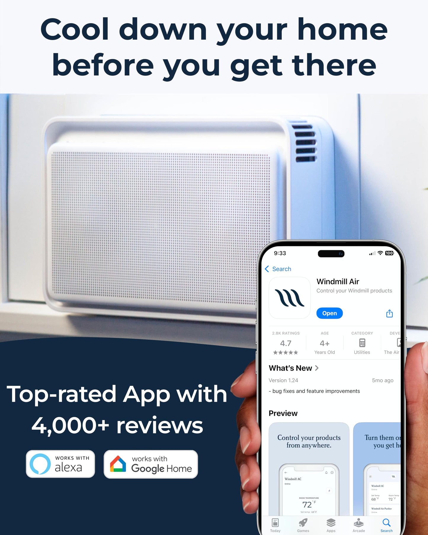 Windmill Window Air Conditioner - Quiet & Smart, Easy Install, Voice-Enabled, Remote & App Control AC Unit - 8,000 BTU Inverter w/WhisperTech