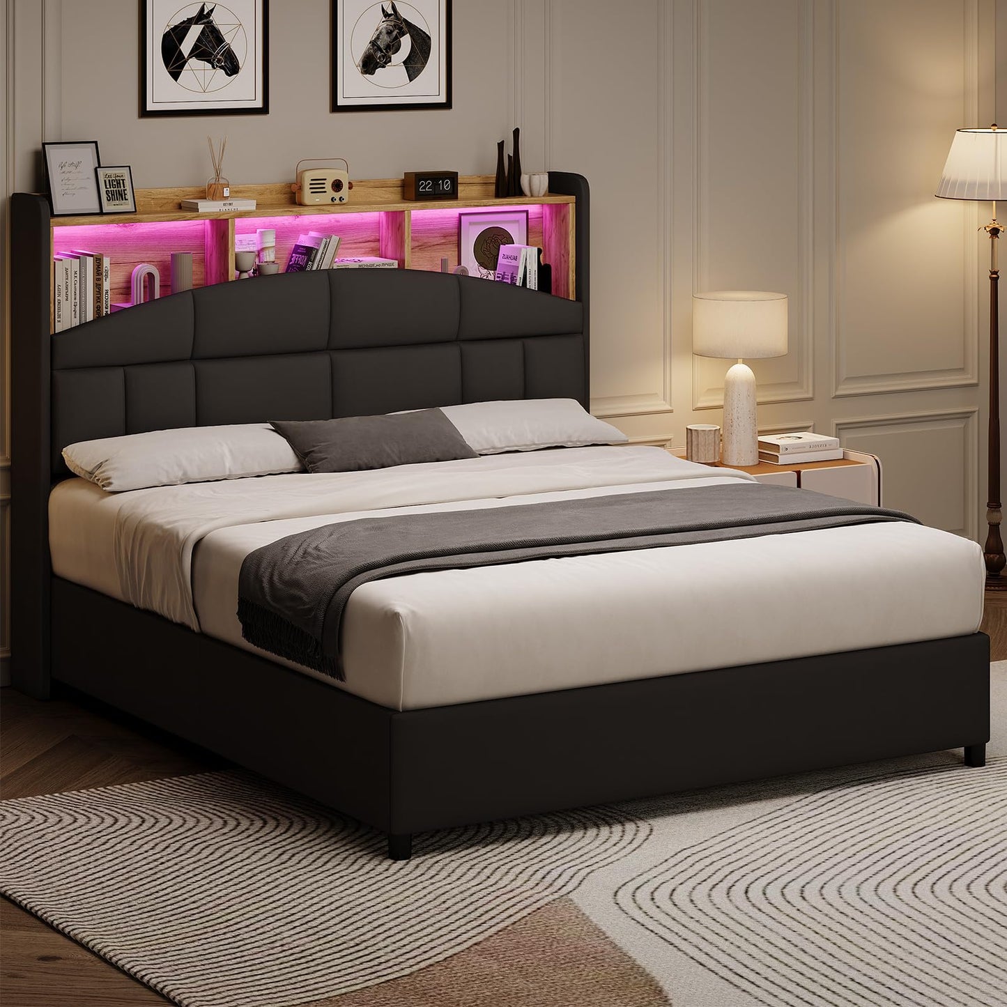 REVOMINCA Queen Bed Frame with Headboard and LED Lights, Velvet Upholstered Bed Frame with Wooden Slats Support, No Box Spring Needed, No Noise, Black