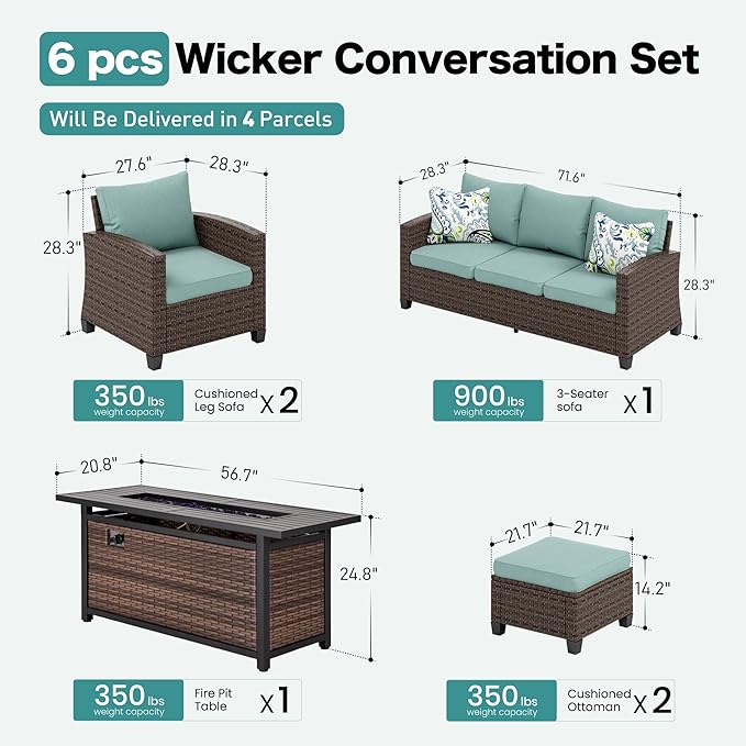 SUNSHINE VALLEY Patio Furniture Set Outdoor Furniture Brown Wicker Rattan Patio Conversation Sets with Cushion Outside Sofa Set,5 Pieces with Rectangular Firepit Table,7 Seats,Blue