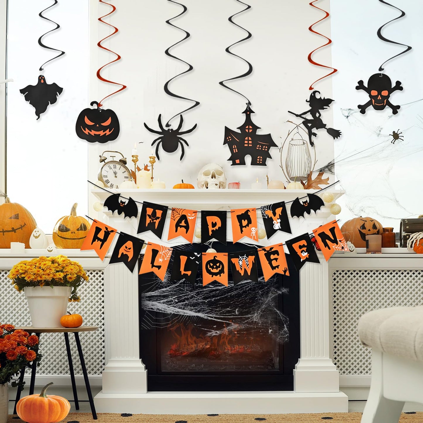 AhfuLife Halloween Party Decorations Set, Reusable Halloween Indoor Decorations Kit Including HAPPY HALLOWEEN Paper Banner for Home Decor, Trick or Treat Sign, Pumpkin Bat Hanging Swirl