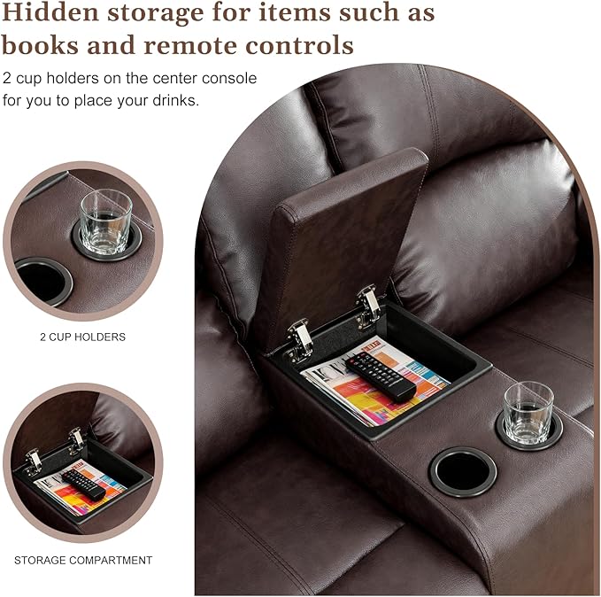 Saxum Tegmen Living Room Furniture Sets, Leather Recliner Sofa, Sectional Loveseat Couch with Cup Holders, 1 Piece Furniture Set for Living Room/RV/Office (Loveseat, Brown Leather)