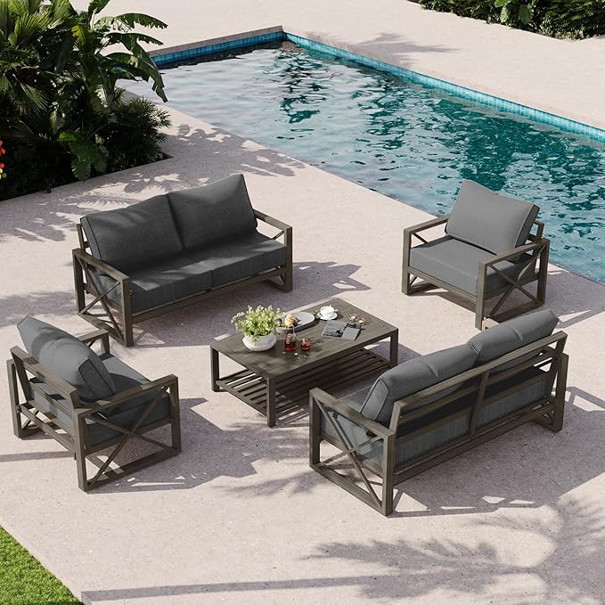 UDPATIO 5 Piece Faux Wood Aluminum Patio Furniture Set 6 Seats Modern Outdoor Furniture Patio Conversation Sets with Coffee Table for Balcony, Backyard, 600D Waterproof Cover Included, Dark Grey