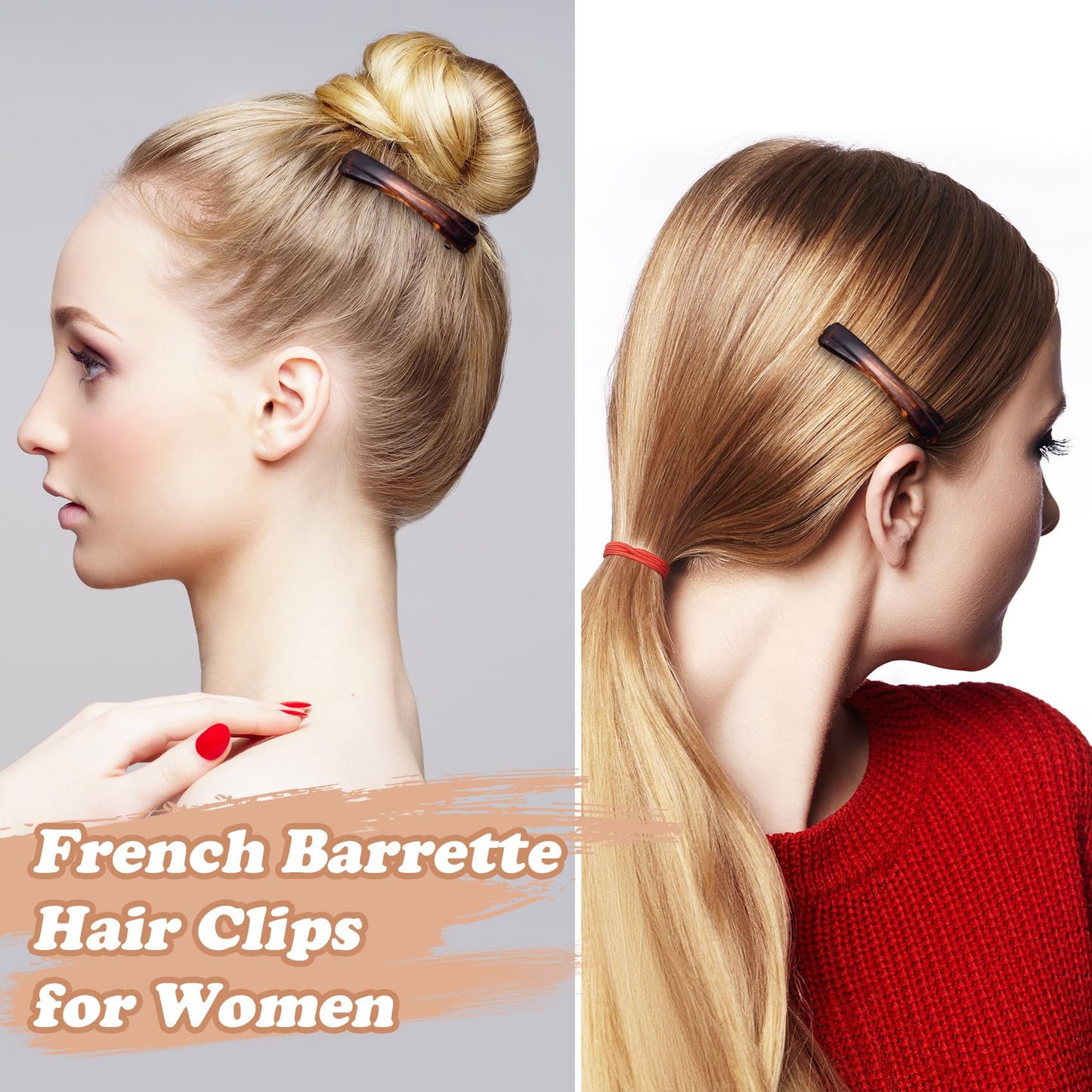 STSTR 4PCS French Barrette Hair Clips for Women, 2.56 Inch Small Tortoise Shell Hair Clip, Curved Glossy Thin Hair Flat Hair Acc