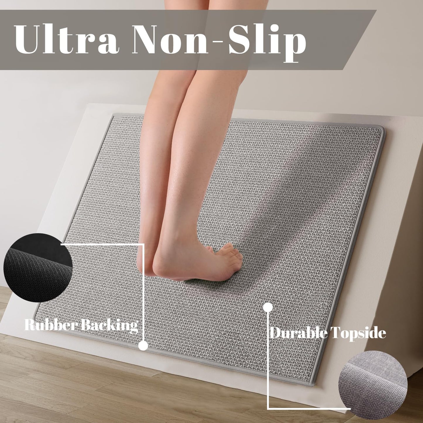 Bathroom Rugs, Bath Mats for Bathroom Non Slip Washable, Quick Dry, Water Absorbing, Fits Under Door, Ultra Thin, Rubber Backing, Low Pile, Cozy Cloth Cotton, Ideal for Shower, Sink-Grey 24''x16''