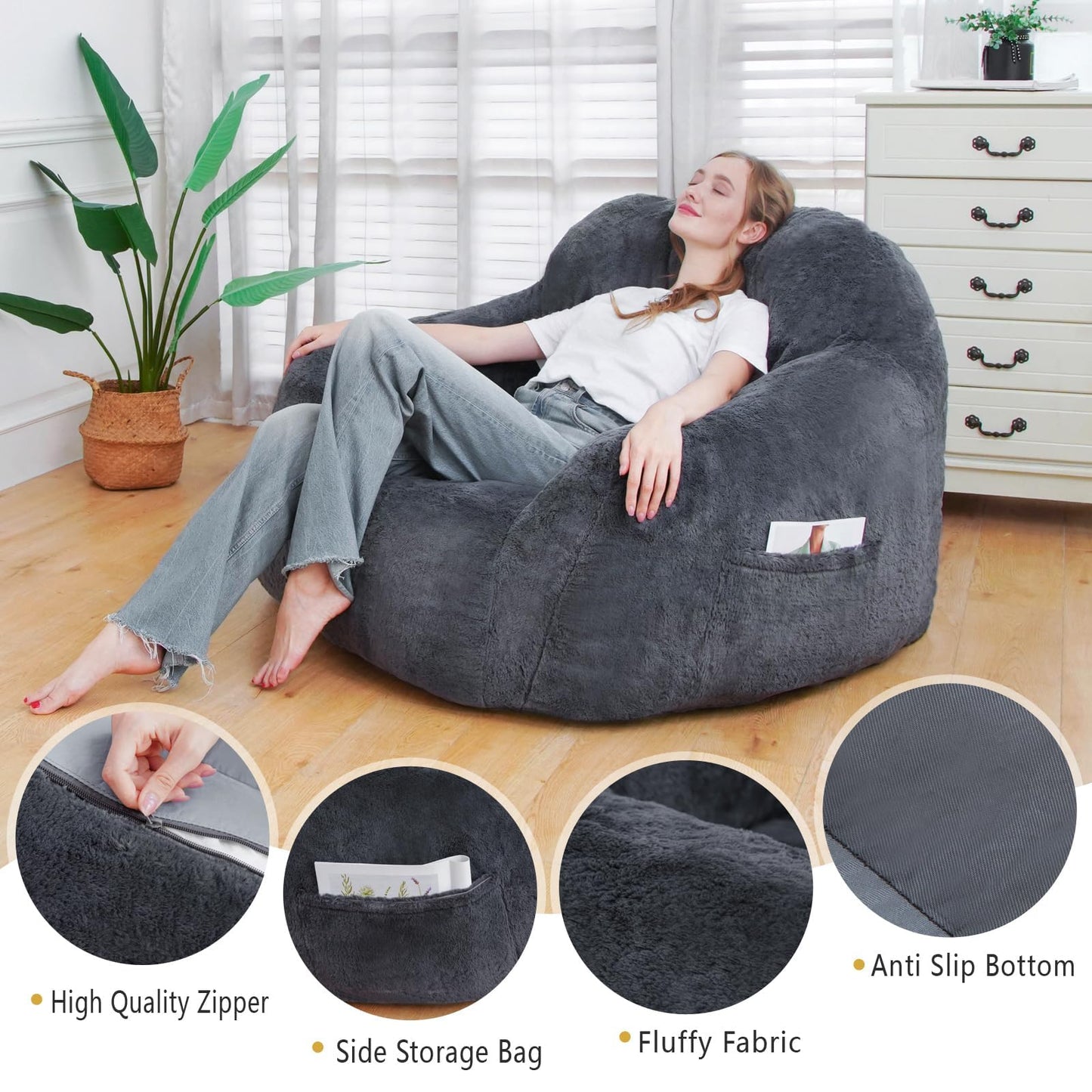 GOHOROS Giant Bean Bag Chair, Oversized Bean Bag Chairs for Adults and Kids, Gaming Chair Stuffed Memory Foam | Storage | Non-Slip, Removable Bean Bag Sofa Comfy Chair for Bedroom, Livingroom (Grey)