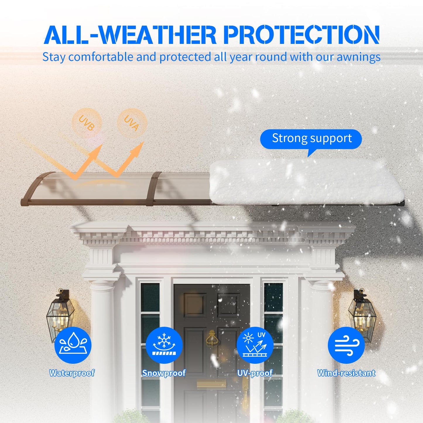 GGNEBAI Awning for Door Entrance 40x80 Inch,Awnings for Doors with Separate Drainage,Front Door Awning Exterior,Polycarbonate UV, Rain, and Snow Protection for Porch,Patio,Window,Deck