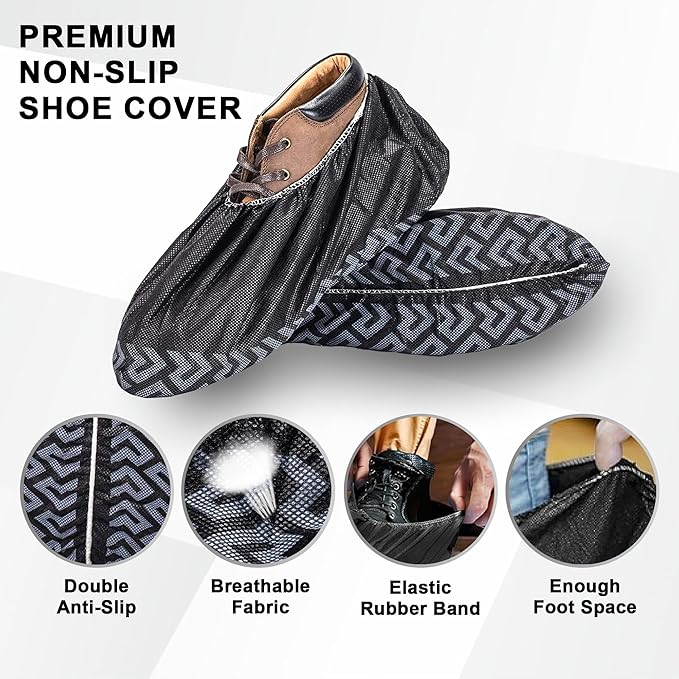 ProtectX Premium Disposable Large Shoe Covers, Slip Resistant, Durable Non-Woven Polypropylene Fabric for Booties, Fits Up to 10.5 US Men and 12 US Women Size, Black 100-pack (50 pairs)