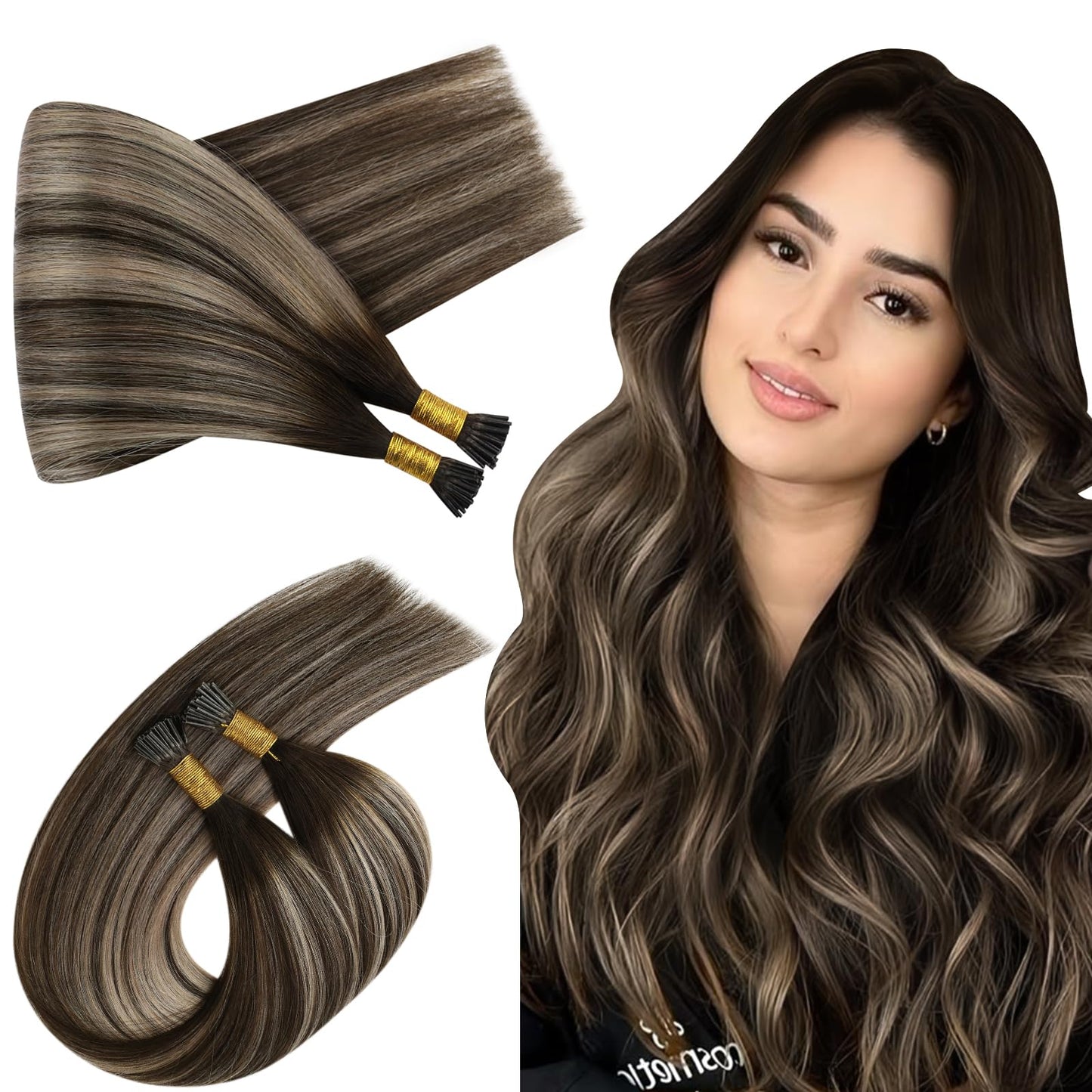 Ugeat Ash Brown Itip Human Hair Extensions Balayage Dark Brown I Tip Hair Extensions Real Human Hair Itips Ombre Non-Damage No G