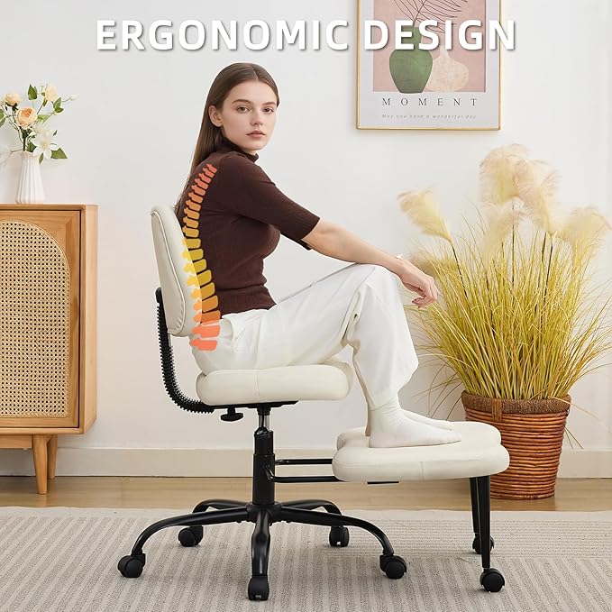 Ergonomic Cross Legged Office Chair, Criss Cross Chair with Wheels, 360°Swivel ADHD Meditation Kneeling Yoga Seat with Adjustable Height, Ergonomic Back Support and Leg Rest, Leather (White)