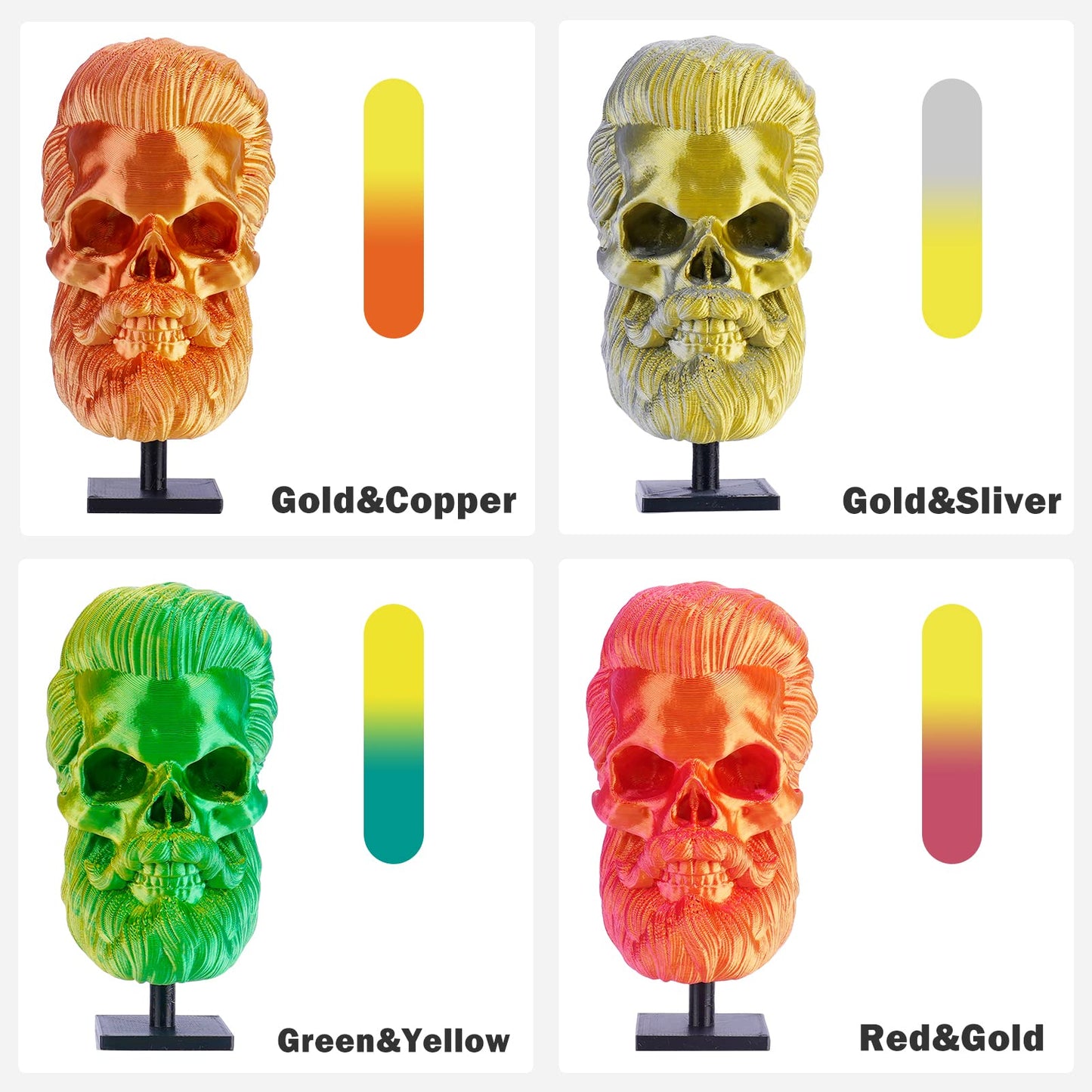 ERYONE Silk Dual Color Filament PLA 3D Printer 1.75mm +/- 0.03mm, Silk Coextrusion PLA Shiny Filament 0.25kg/Spools,4Pack(2.2lbs), Glod&Copper, Gold&Silver, Red&Glod, Yellow&Green