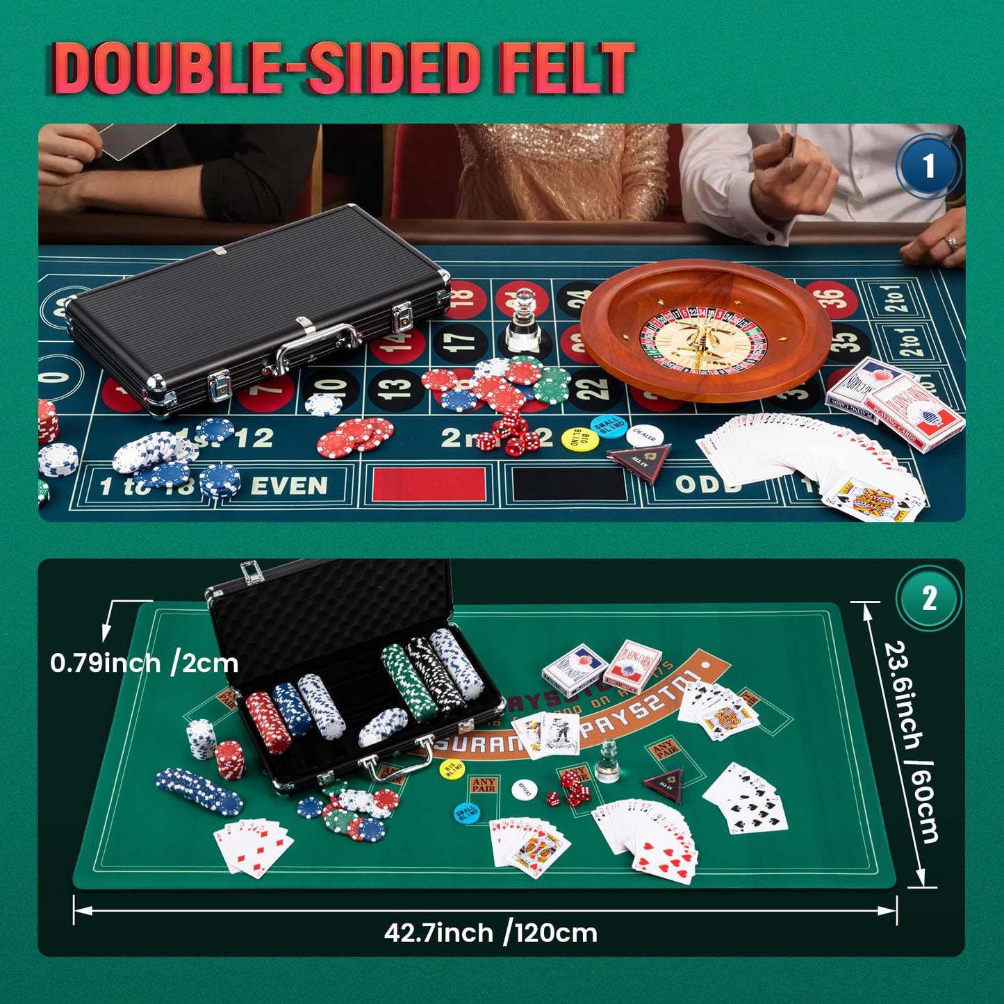 Proshine Super 11” Roulette Wheel set & Blackjack Set with 300pcs Poker Chips + 47.2*23.6” Double-sided Roulette Tabletop + 2 Decks of Playing Cards + 6 Dice + 4 Casino Buttons + Roulette Win Marker