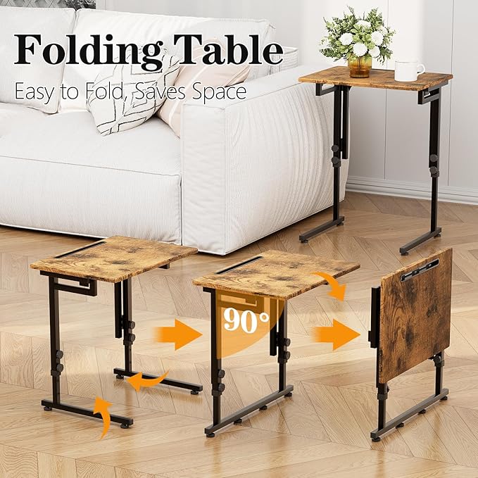 Katrawu Folding TV Tray Dinner Table for Living Room,Adjustable Height Tv Tray,Portable Dinner Snack Trays Table,Small Foldable C-Shaped End Table for Eating with No Assembly Required (Brown)
