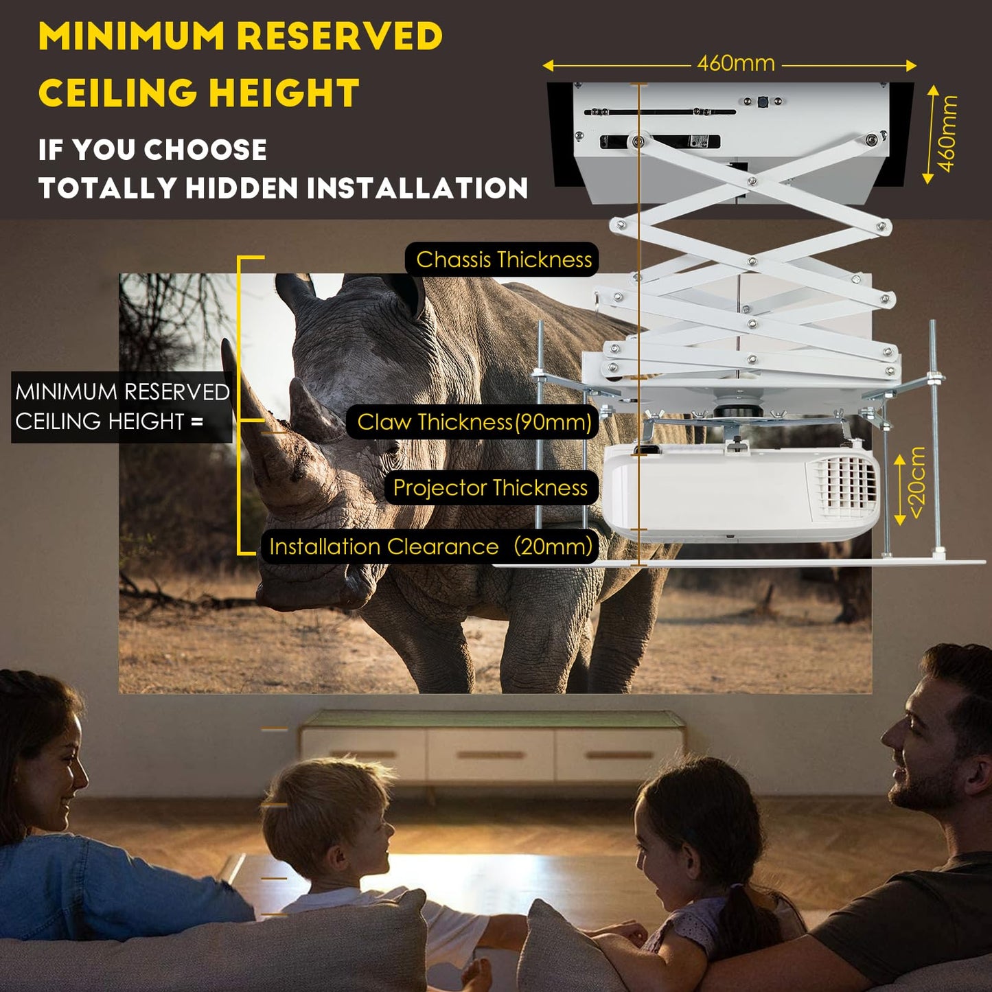 CGOLDENWALL 70CM Electric Projector Lift Ceiling Mount Remote Control for Cinema Church Room School Double Motors Maximum Load 20kg