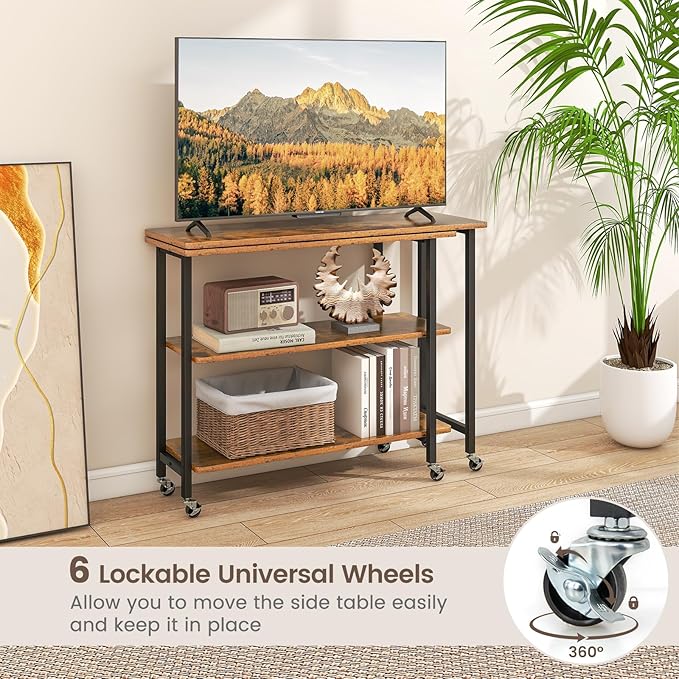 Giantex 360° Free Rotating Sofa Side Table, Mobile L-Shaped Laptop Desk with Sturdy Metal Frame, 6 Universal Casters, Movable Couch Snack Table with 2-Tier Storage Shelf for Home (Brown)