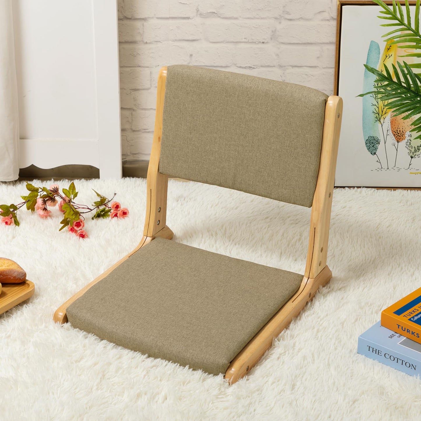 HollyHOME Foldable Japanese Style Floor Chair with Back Support, Tatami Chair with Cushion, Meditation Seat for Bay Window, Living Room, Bedroom, Dark Grey