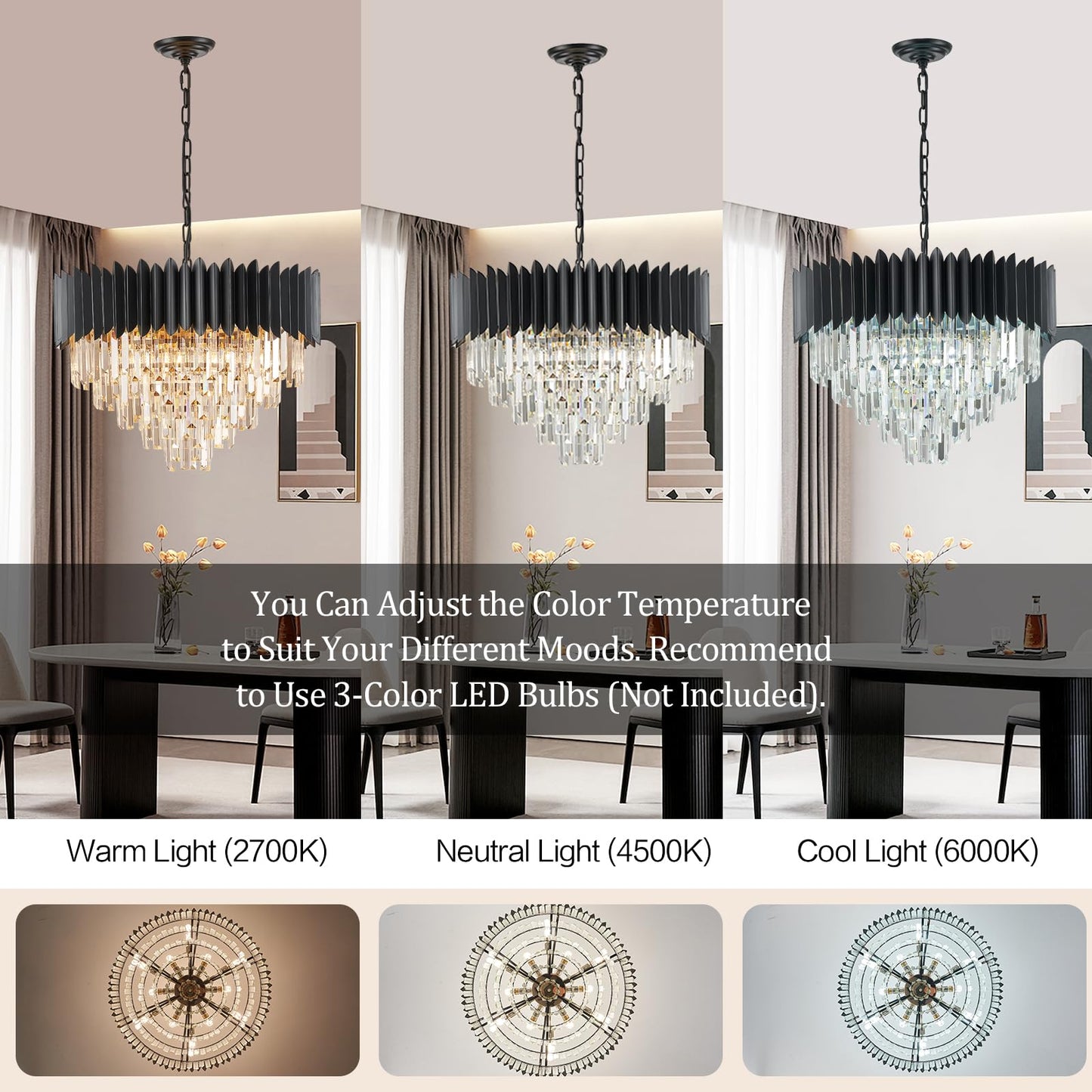 YOLIZUOT Black Crystal Chandelier 24'' K9 Crystal Round Pendant Lights Adjustable 5-Tier Large Modern Crystal Chandelier Light 10-Lights for Dining Room Living Room Kitchen Foyer Entryway