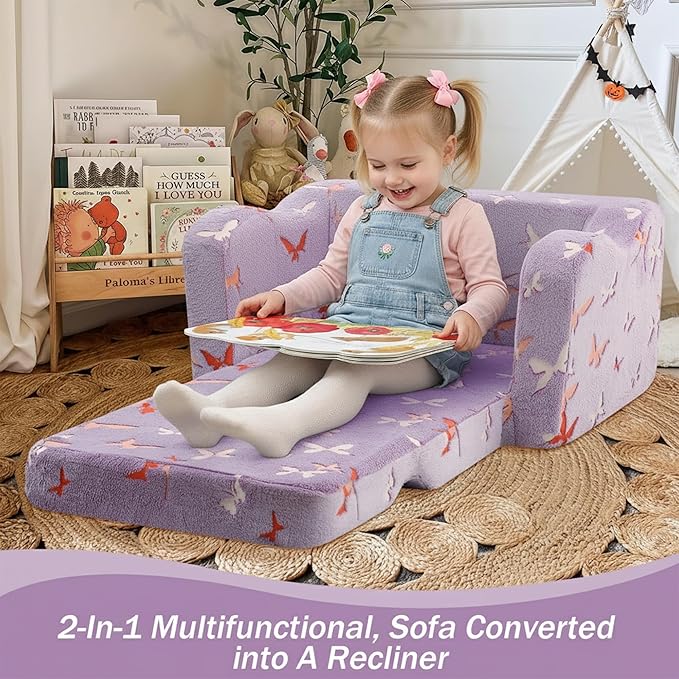 MeMoreCool Toddler Chair Comfy 1-3 Years Old, Kids Couch for Playroom, Convertible Glowing Butterfly Flip Out Sofa, Kids Furniture Floor Recliner Chair Bed