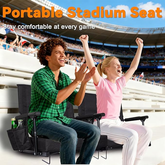 Romswi 2-Pack Stadium Seats with Back Support & Armrests, Lightweight Bleacher Chairs with 2 Cup Holders, Portable for Football Games & Events, Black