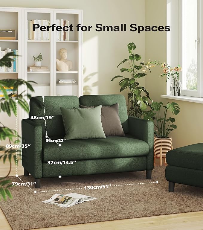 Welzona Loveseat Sofa, 51" Love Seat, Comfy Teddy Small Loveseat for Small Spaces, Tool-Free Setup Couch for Bedroom, All-Wood Couches for Living Room, No Pillow Included, Green