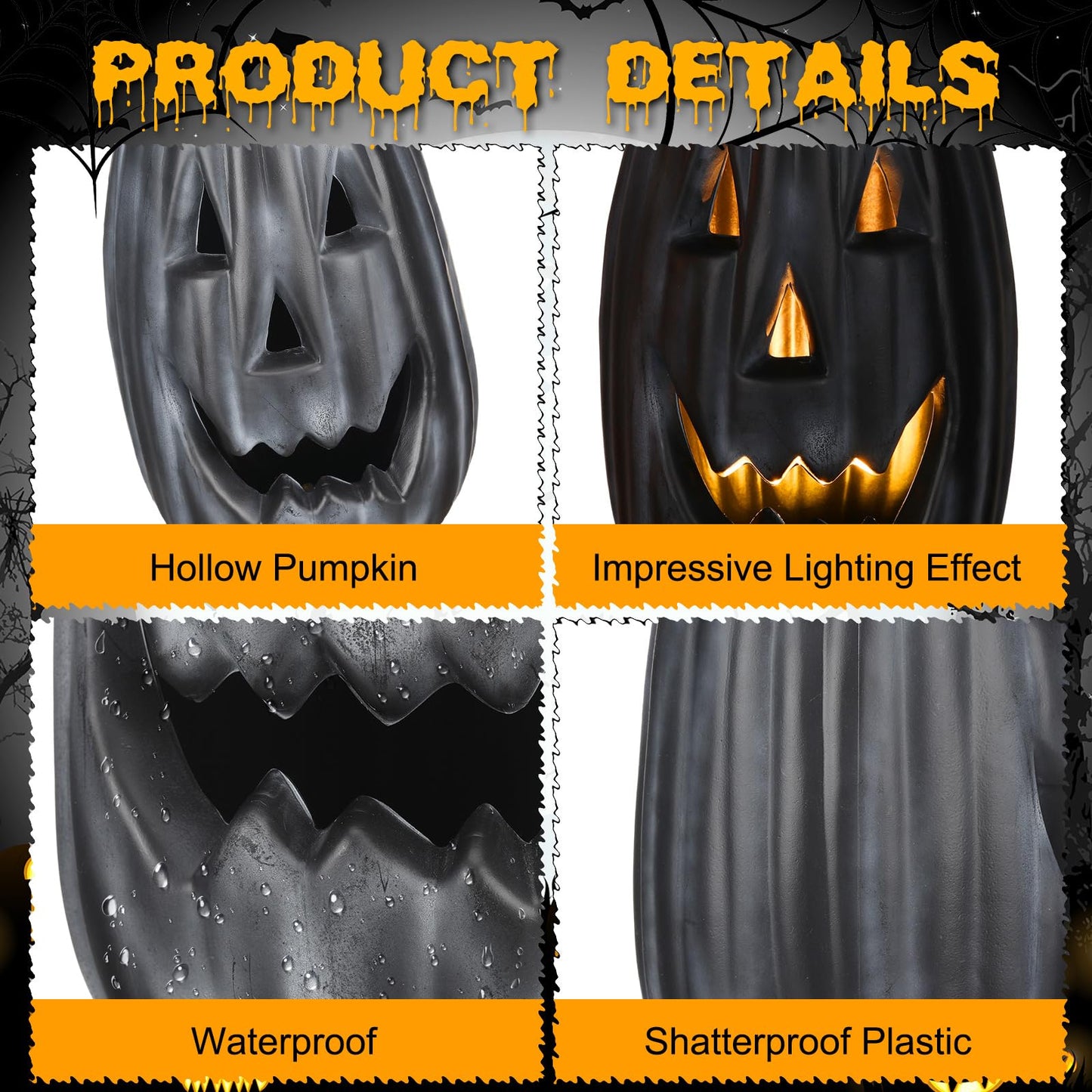 Jingmore 13.4 Inch Black Pumpkin Decoration Large Plastic Jack O' Lantern Reusable Carved Pumpkin Lantern for Thanksgiving Halloween Fall Indoor Outdoor Decor Party Centerpiece