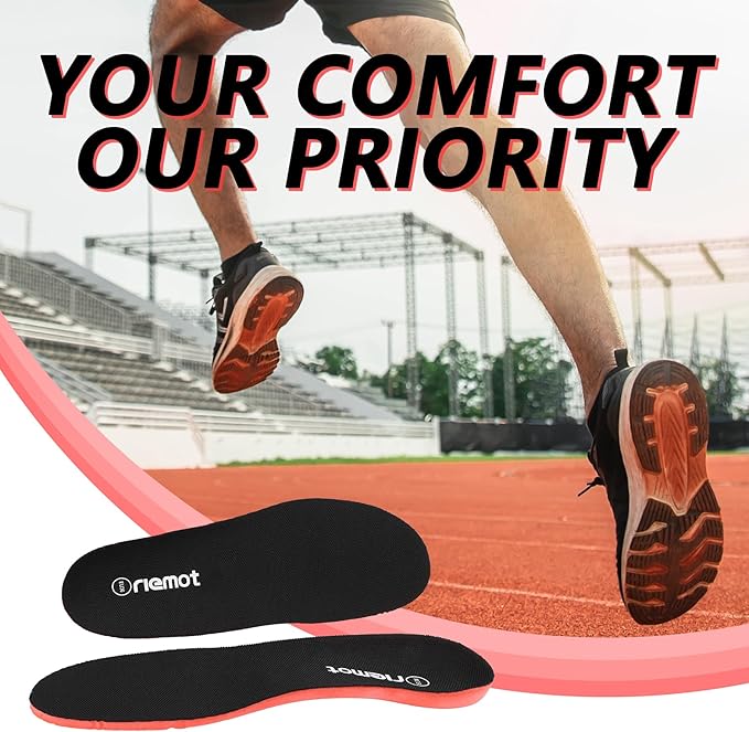 riemot Fitness Running Insoles for Men Comfortable Arch Support Inserts Plantar Fasciitis Relief Insole Cushioning Athletic Gel Insert for Sneakers,Hiking Shoes Black US13/ EU46