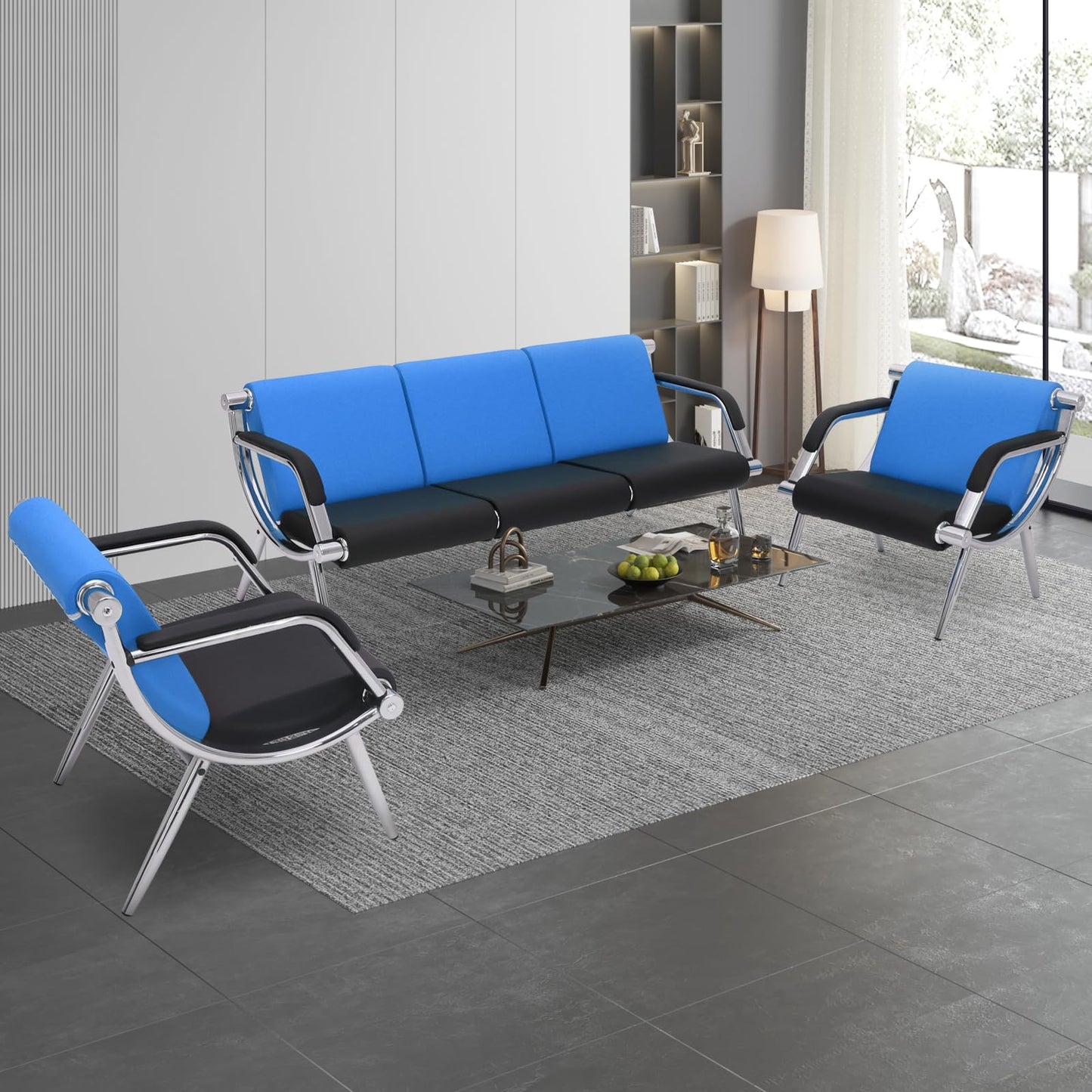 Walmokid Waiting Room Bench with Armrest, PU Leather Office Furniture, Lobby Conference Reception Bench, Office Guest Seating for Clinic,Airport,Hospital,Barber,Salon,Bank (Blue & Black, 3-Seat)