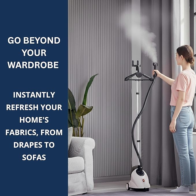 SALAV GS18 Full-Size Clothes Steamer - 1500W Power, 1.8L Water Tank, 60-Min Garment Steam, Iron Clothing, Adjustable Pole & Wheels for Easy Storage, Professional Standing Steamer for Clothes, White