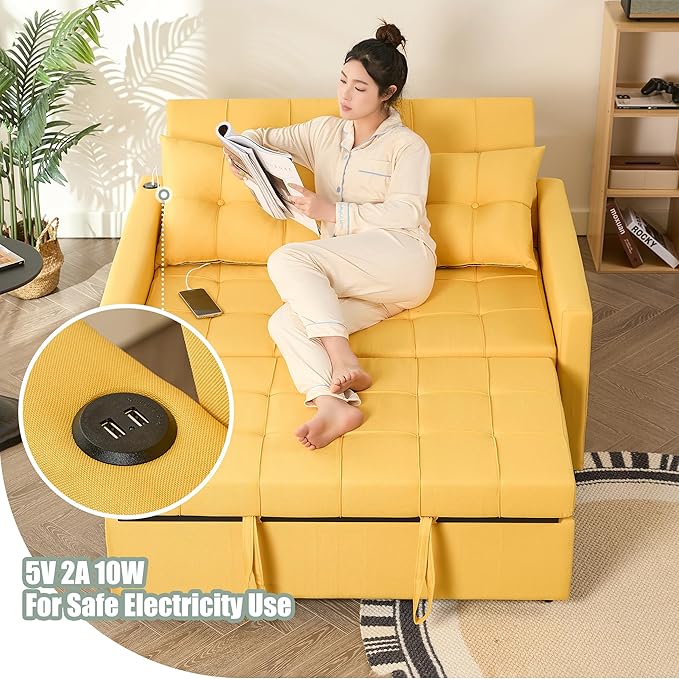 GOSUHI 52" Sleeper Sofa with Pull-Out Bed, 3-in-1 Convertible Sofa Bed, Loveseat with Stepless Adjustable Backrest and Side Pocket, for Living Room Dorm Apartment, Linen, Yellow